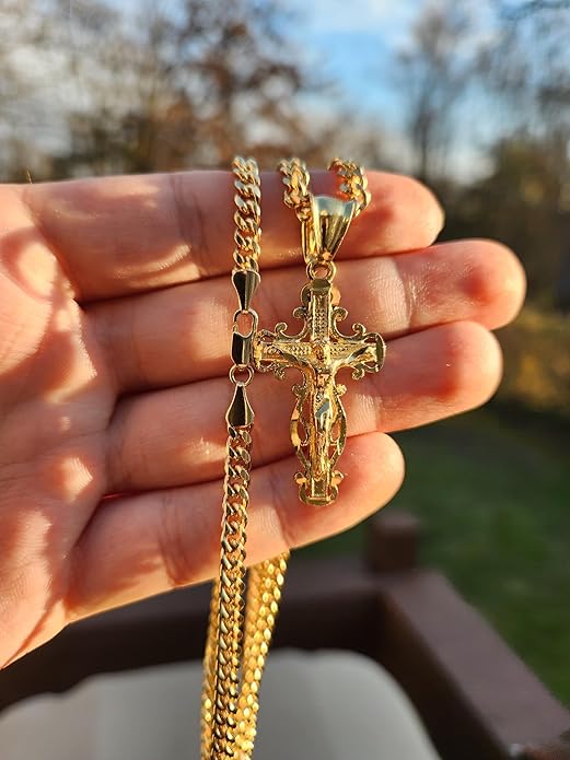 14k Gold Layered Faith Cross on 4mm Curb Chain Necklace