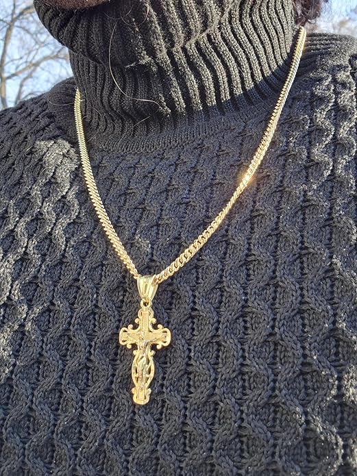 14k Gold Layered Faith Cross on 4mm Curb Chain Necklace