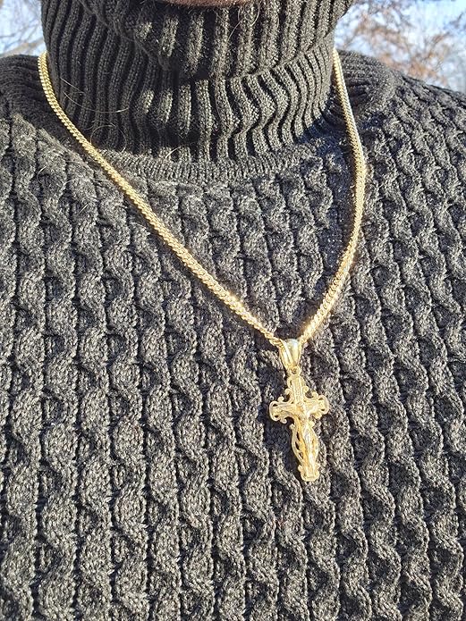 14k Gold Layered Faith Cross on 4mm Curb Chain Necklace